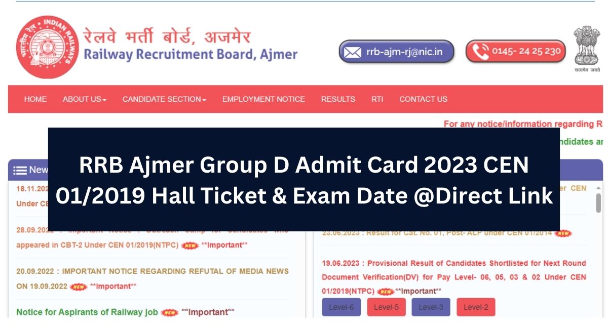 RRB Ajmer Group D Admit Card 2023 CEN 01/2019 Hall Ticket & Exam Date @Direct Link